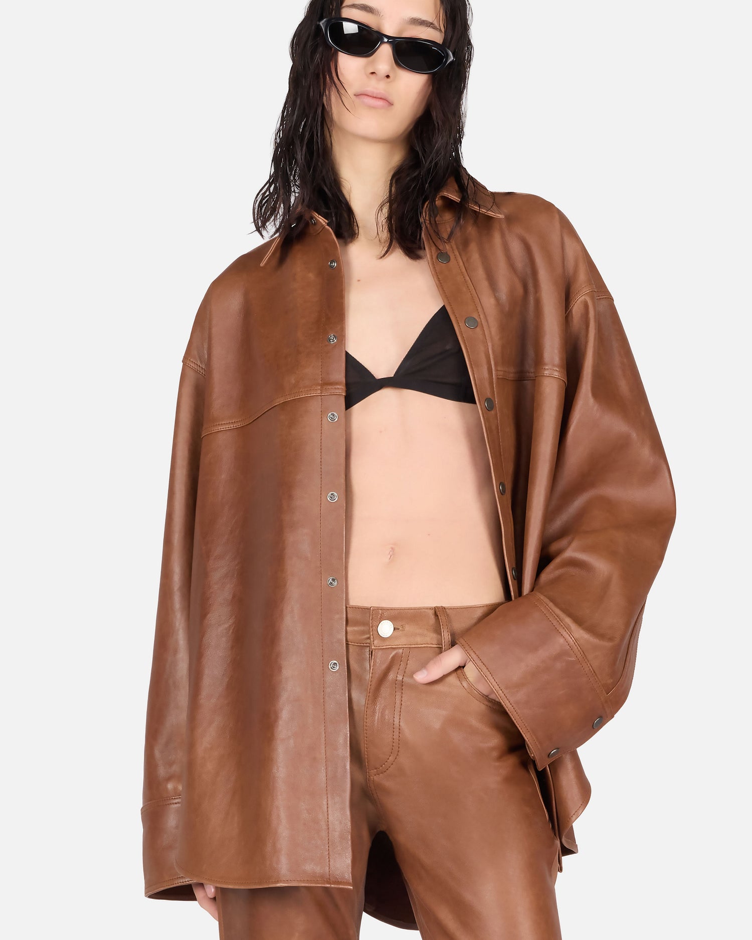 VICTORIA SILKY LEATHER SHIRT // BROWN TAN