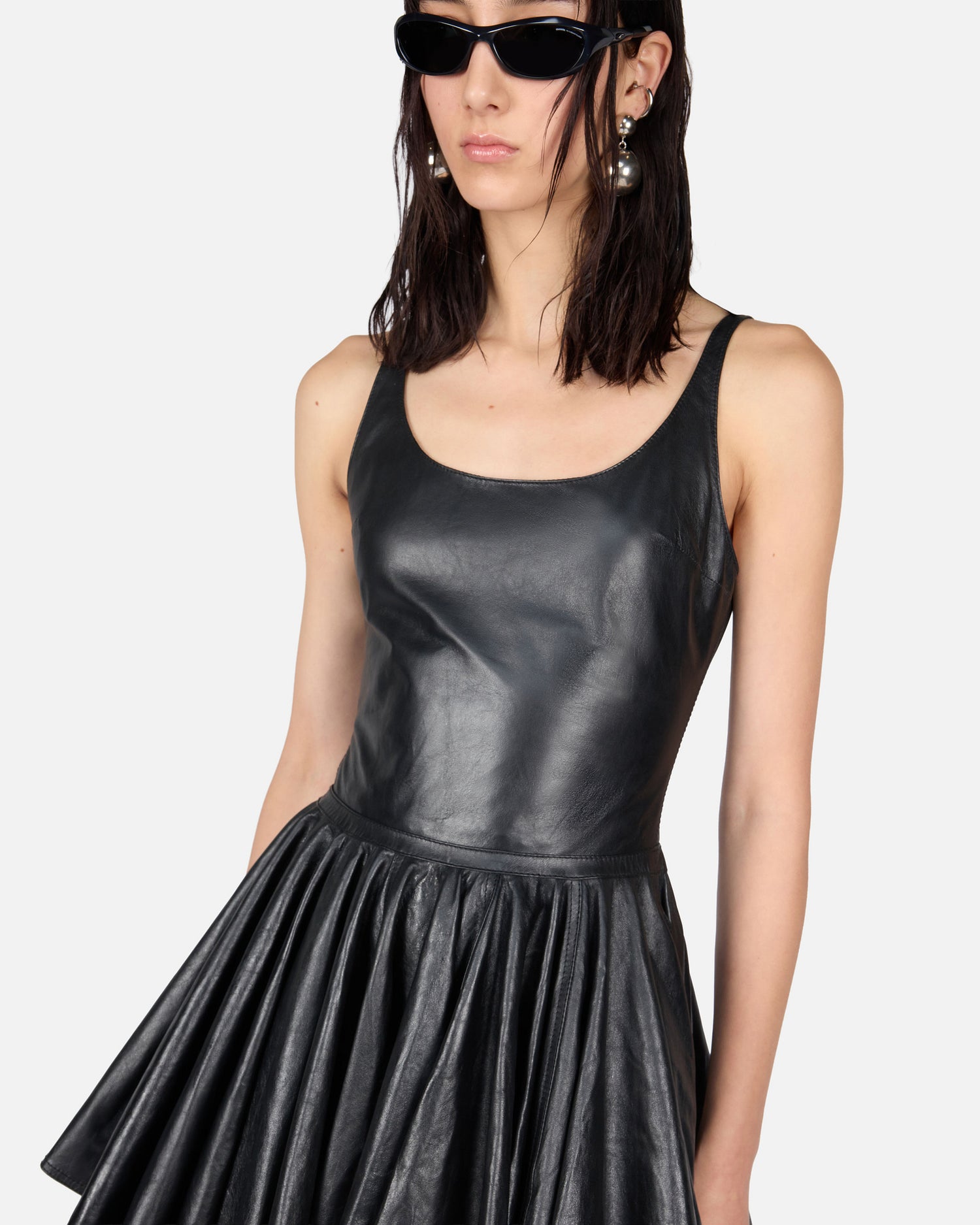 LUCREZIA SILKY LEATHER MINI DRESS // BLACK